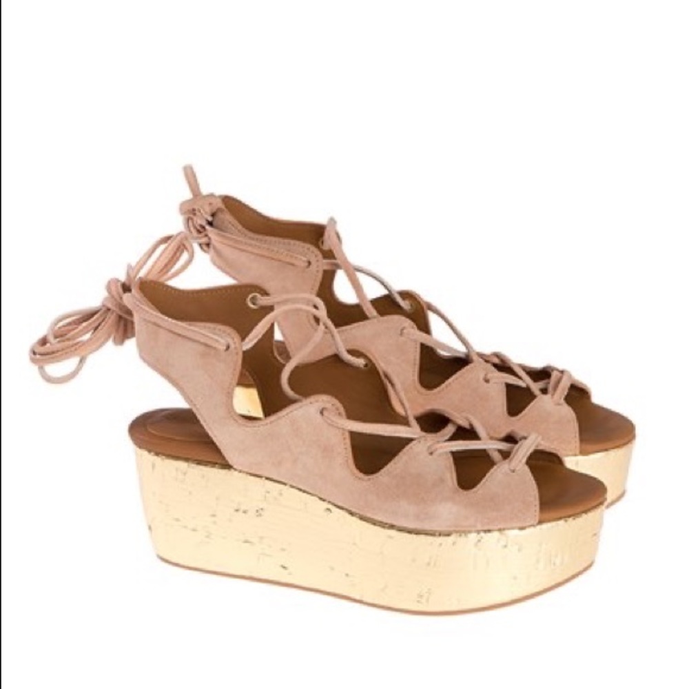 See by Chloe NIB Liana Metallic Gold Lace Up Platform Wedges